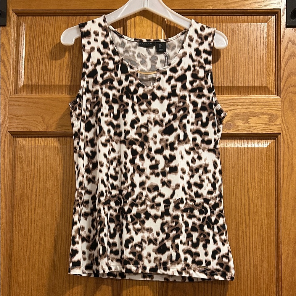 NWT Tahari Brown and White Leopard Print Tank with Gold Bar Accent Size Large